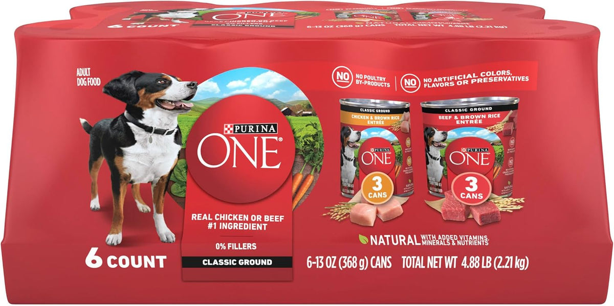 Purina ONE Classic Ground Chicken and Brown Rice, and Beef and Brown Rice Entrees Wet Dog Food Variety Pack - 