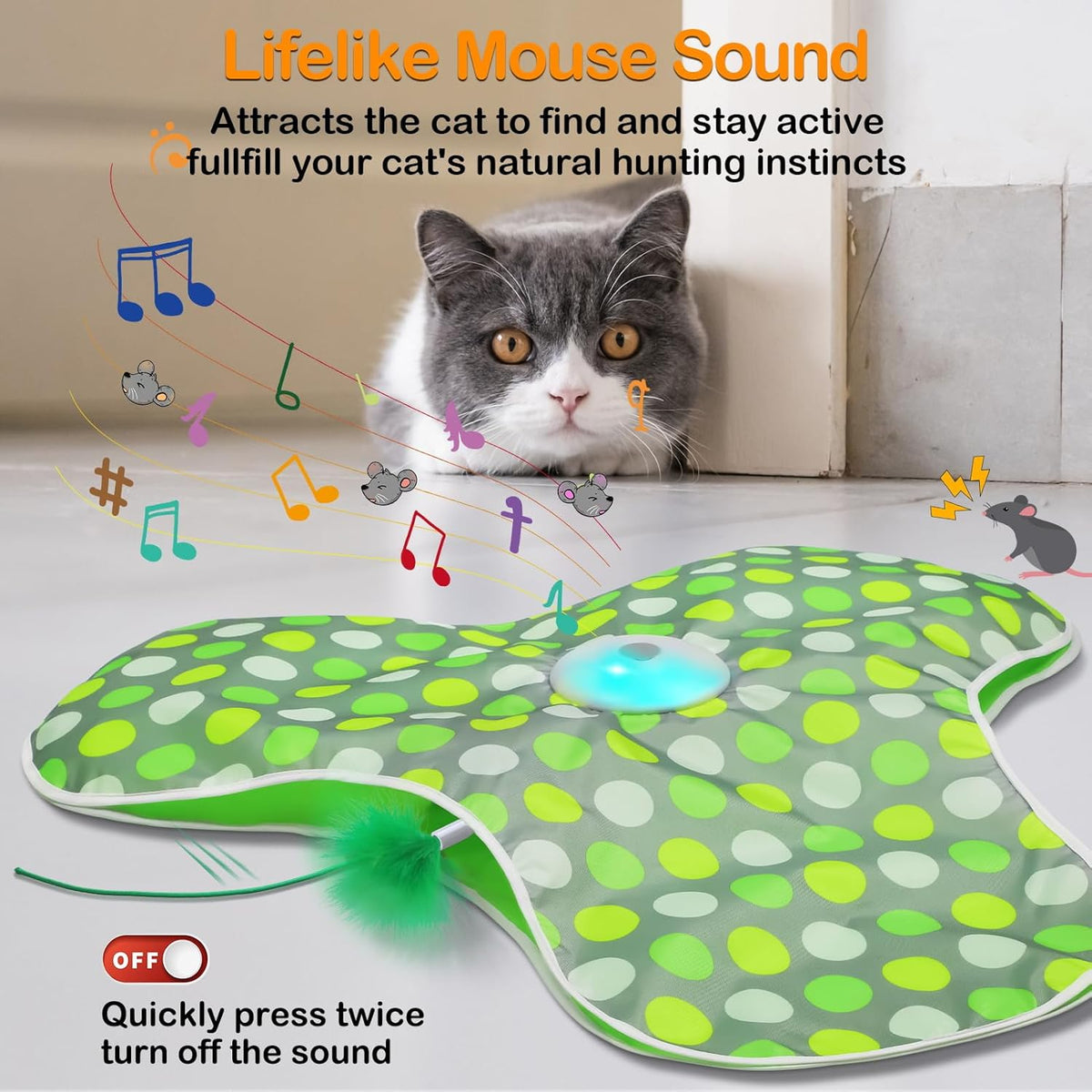 Interactive Cat Toys Rechargeable,Moving Concealed Feathers,Real Mouse Squeaky,Touch Activated Cat Kitten Toy  - view 3