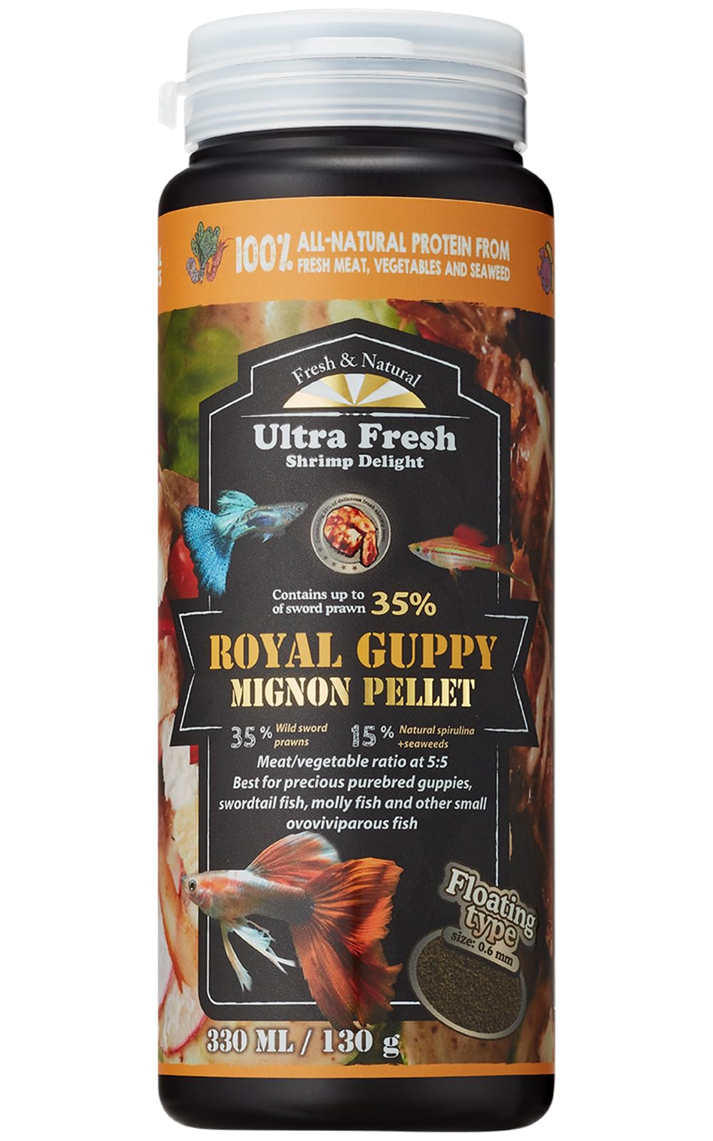 Ultra Fresh Royal Guppy Mignon Pellet, All Natural Guppy Food, Sword Prawns, Spirulina, Seaweeds, Highly Nutri