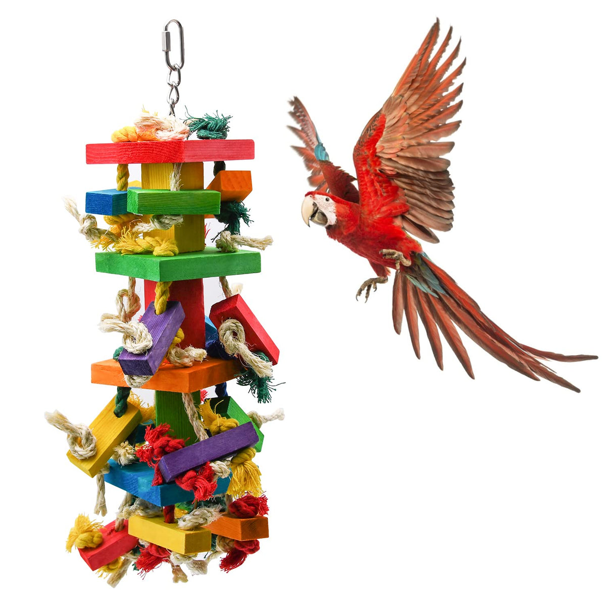 RUBY.Q Large Parrot Toy, 20in Bird Parrot Toy, Multicolored Natural Wooden Bird Chewing Toys for Large Macaws,
