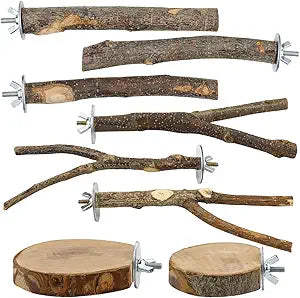 8-Piece Set Natural Wood Bird Perches - Wooden Parrot Stand with Fork Toys, Hanging Multi-Branch Platform, Ham