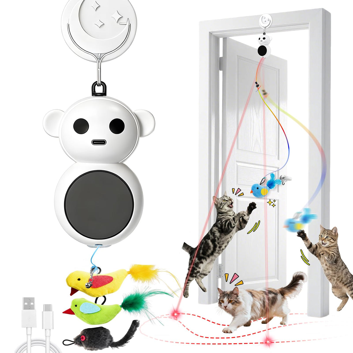 Interactive Cat Toys for Indoor Cats: 2 in 1 Laser Pointer Cat Toy with Automatic Flying Bird & Mouse Wand, Sm