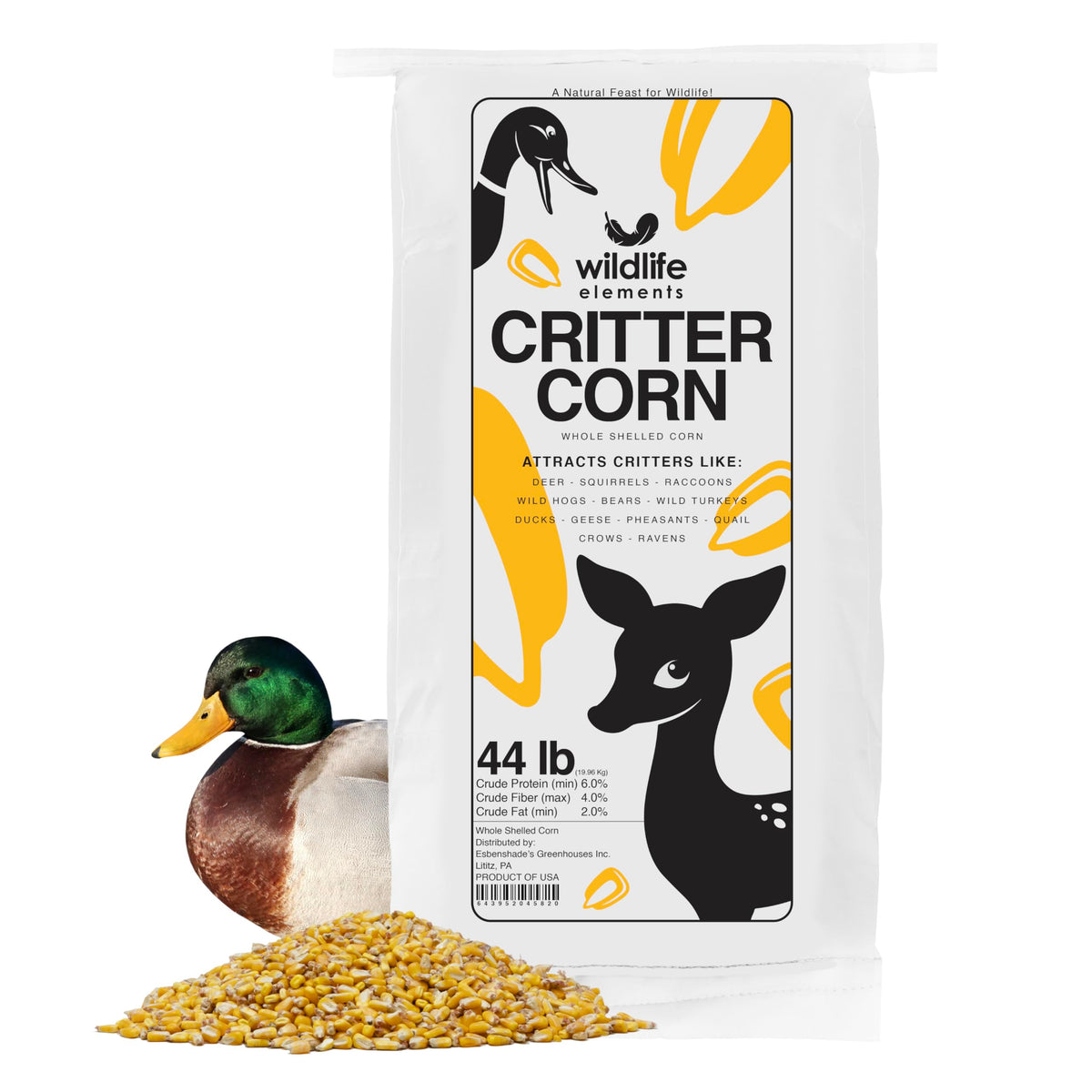 Wildlife Elements Critter Corn, Natural Whole Shelled Corn for Wildlife, 44lb Bag – High-Energy Feed for Deer,
