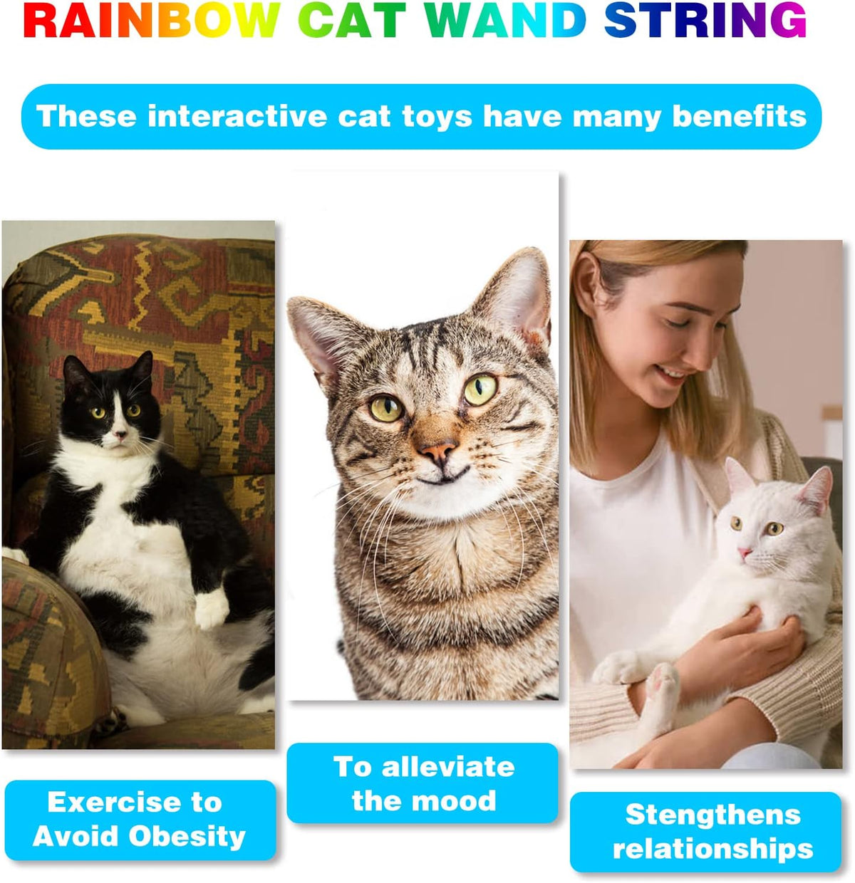 Cat Wand Toys Interactive Kitten Toys for Indoor Cats Colorful Teaser Wand String for Exercise Kitten Stick Ki - view 6
