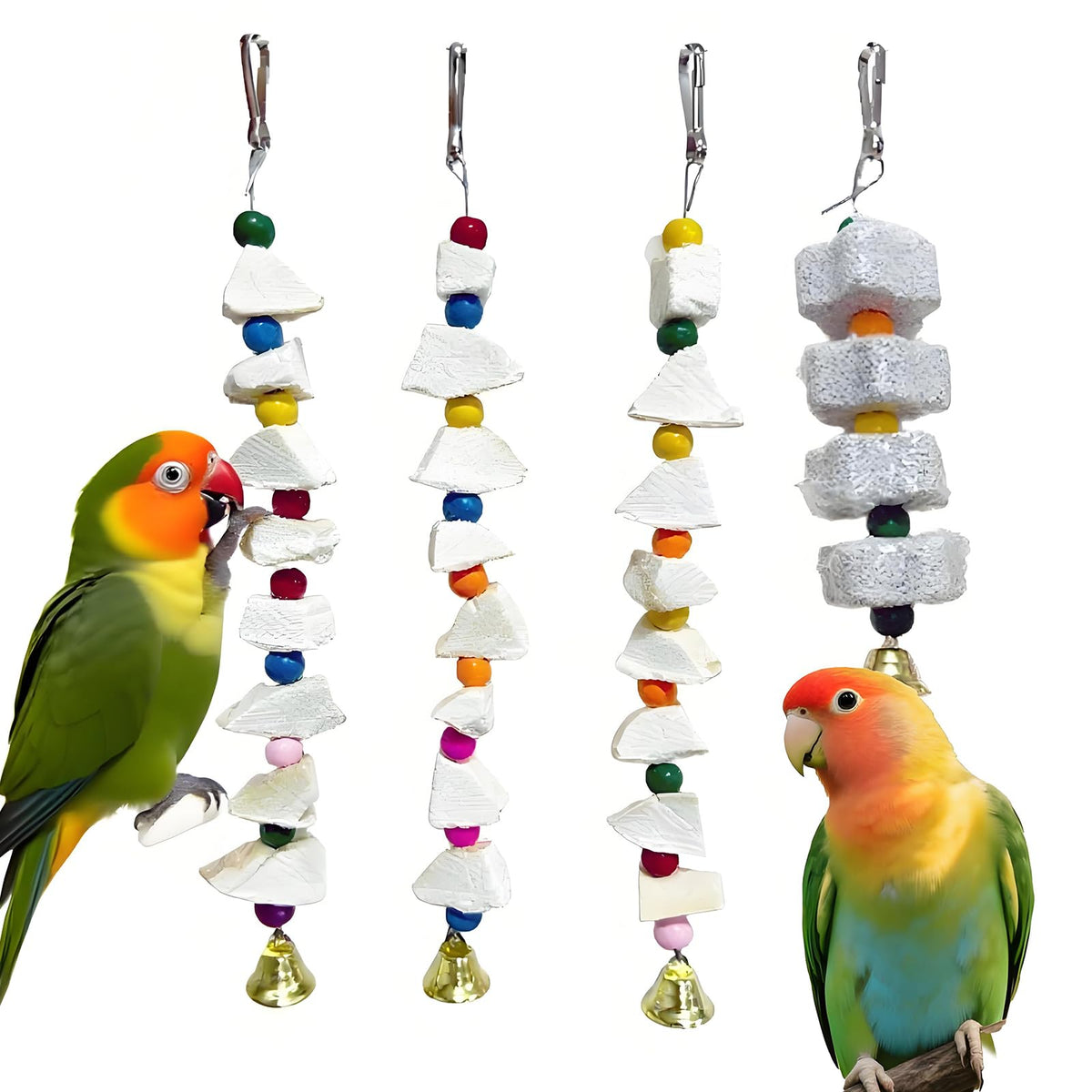 Parrot Toys 4-Pack with Cuttlebone for Birds - Calcium Chew Toys & Grinding Stone for Parakeets, Budgies, Cock