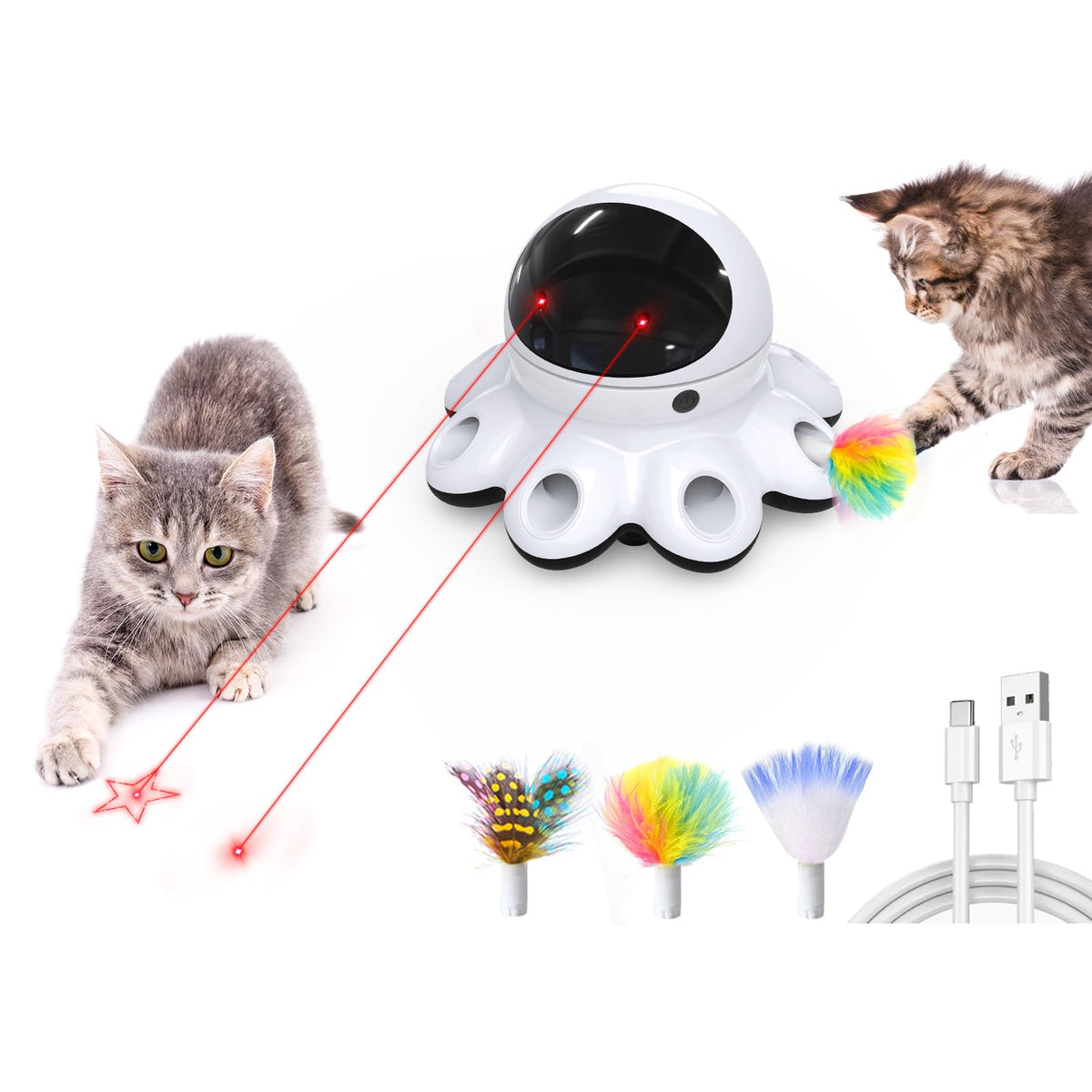 ORSDA Cat Laser Toy, 2-in-1 Interactive Automatic Motion Activated Moving 8 Holes Whack A Mole Feather, USB Re