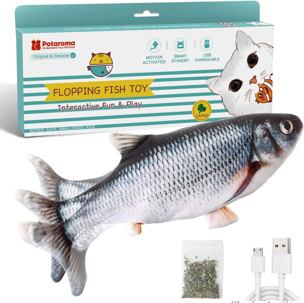 Potaroma Cat Toys Flopping Fish with Catnip, Moving Kitten Kicker, Floppy Wiggle Carp for Small Dogs, Interact