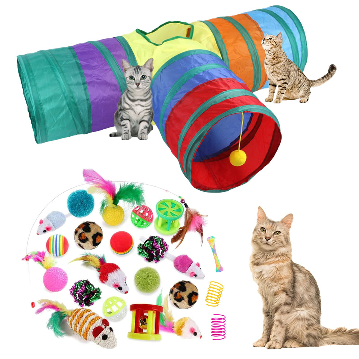 32Pcs Cat Toys Kitten Interactive Pet Toys Assortments, Foldable Rainbow Tunnel, Teaser Wand Fluffy Mouse Crin