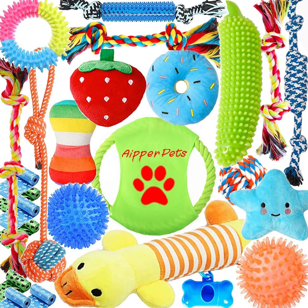Dog Toys 25 Pack for Fun and Teeth Cleaning, Puppy Chew Toys Pack with Squeak Plush Toy,Squeaky Toy Balls,Tug 