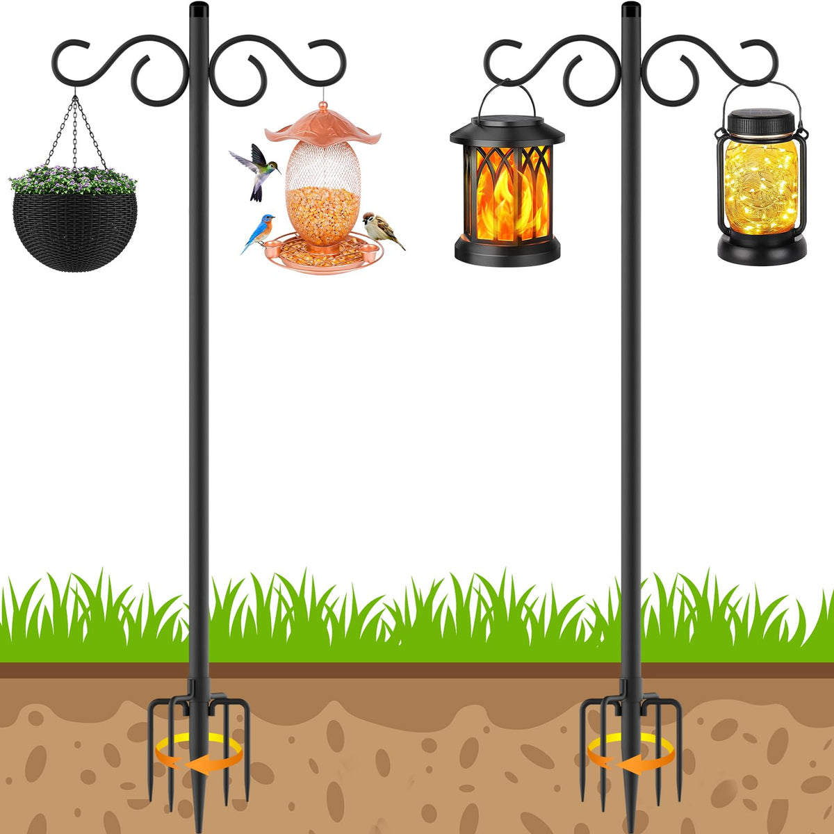 Adjustable Shepherd Hooks for Outdoor, 2 Pack 80 Inch 5 Prong Base Bird Two Sided Feeder Poles, Heavy Duty She