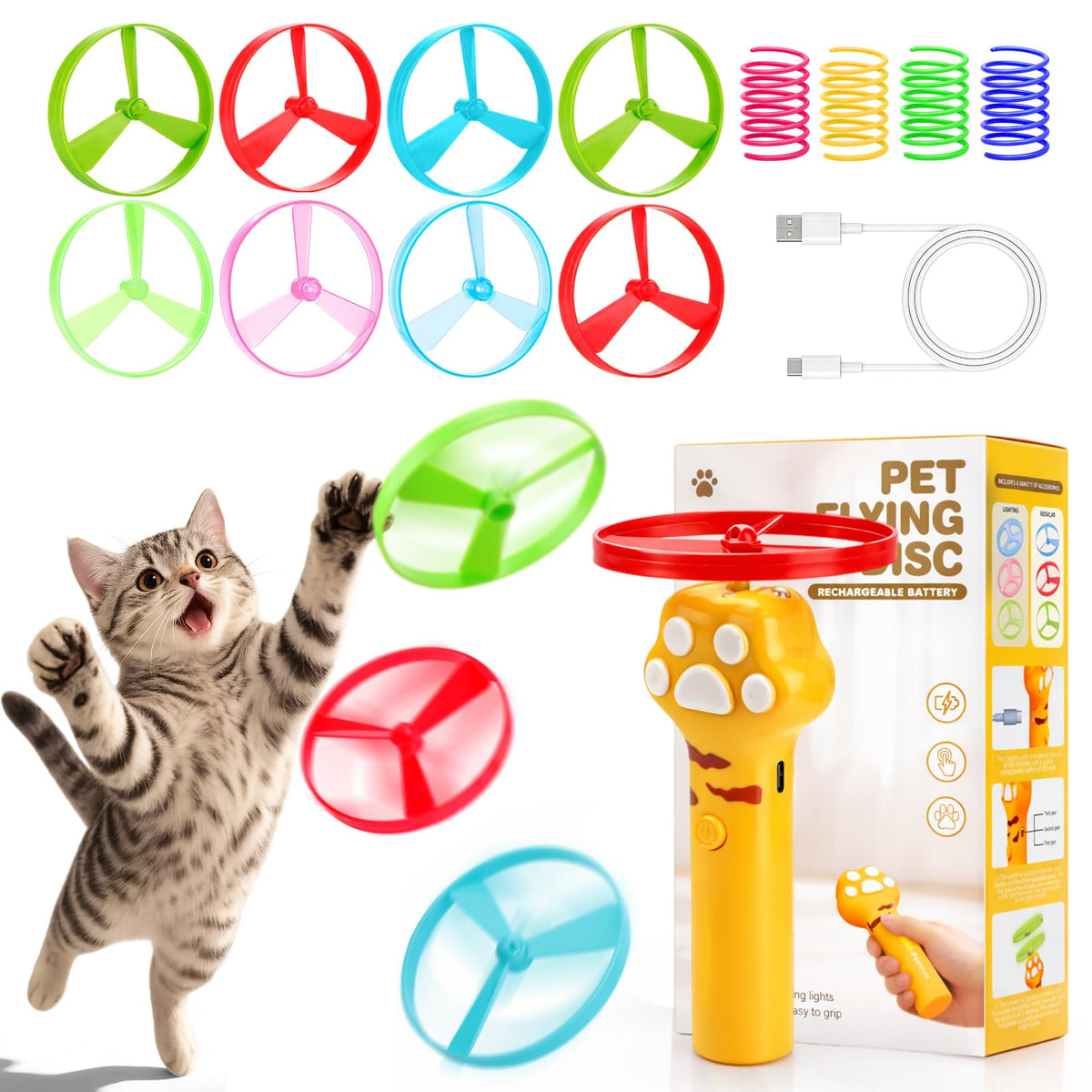 BABORUI Cat Toy Disc Launcher, Rechargeable Interactive Cat Fetch Toy Launcher with 8 Flying Discs, Flying Enr