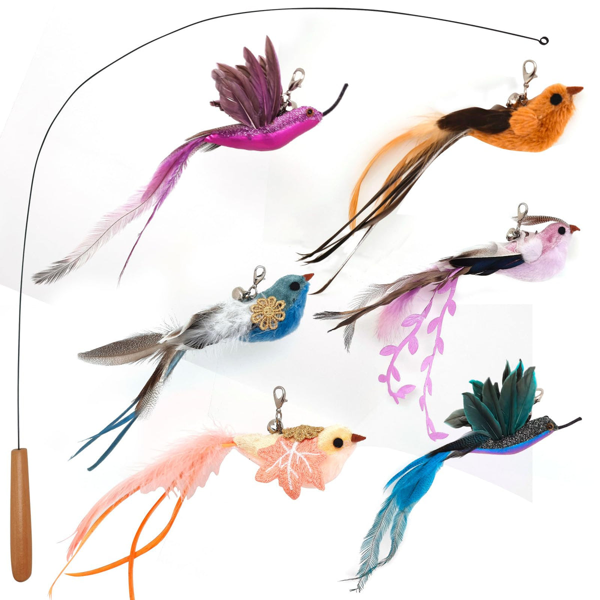 miwoowim Interactive Cat Toys for Indoor Cats - 35'' Steel Wire and 6PCS Feather Bird Refills,Teaser Toy,Cat W