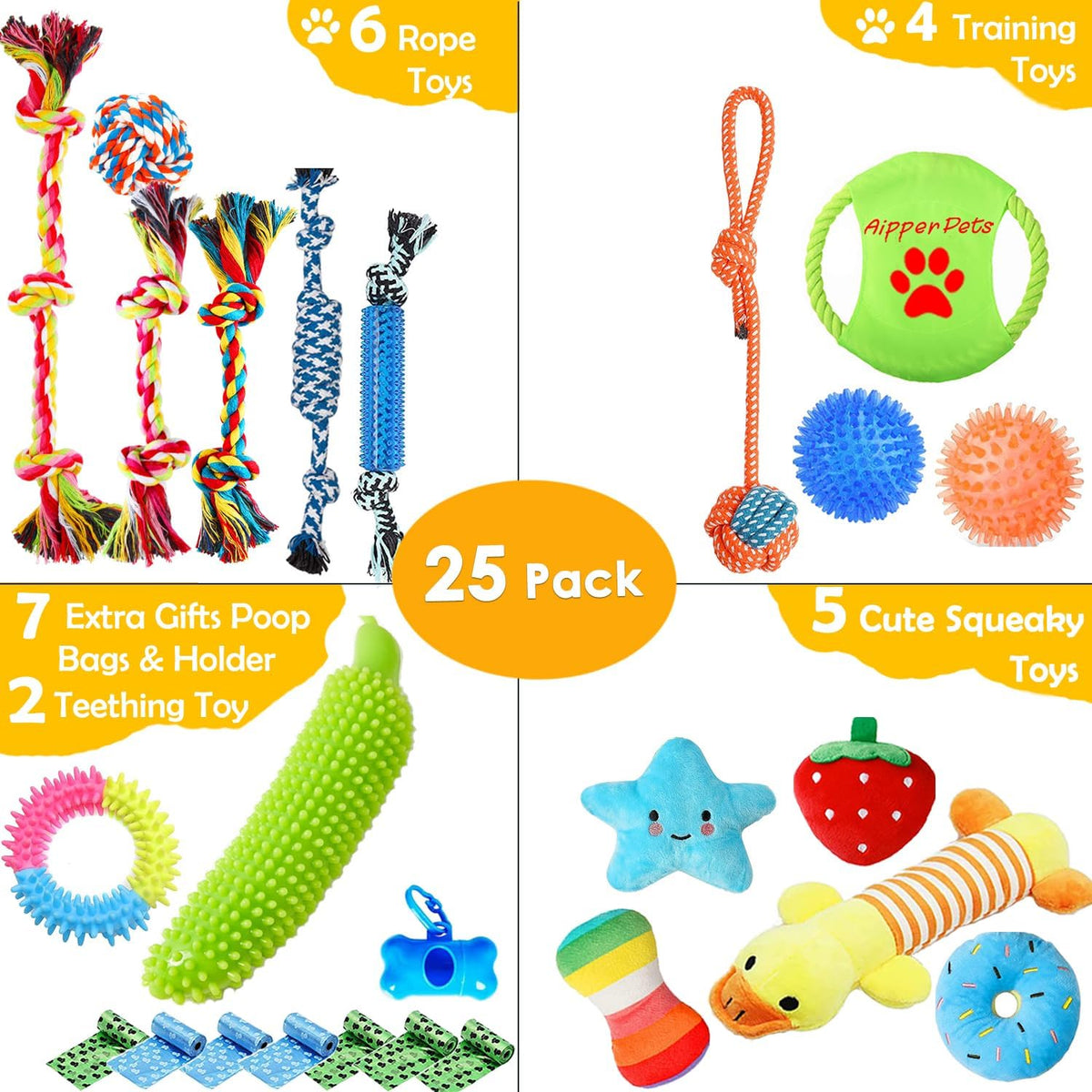 Dog Toys 25 Pack for Fun and Teeth Cleaning, Puppy Chew Toys Pack with Squeak Plush Toy,Squeaky Toy Balls,Tug  - view 2