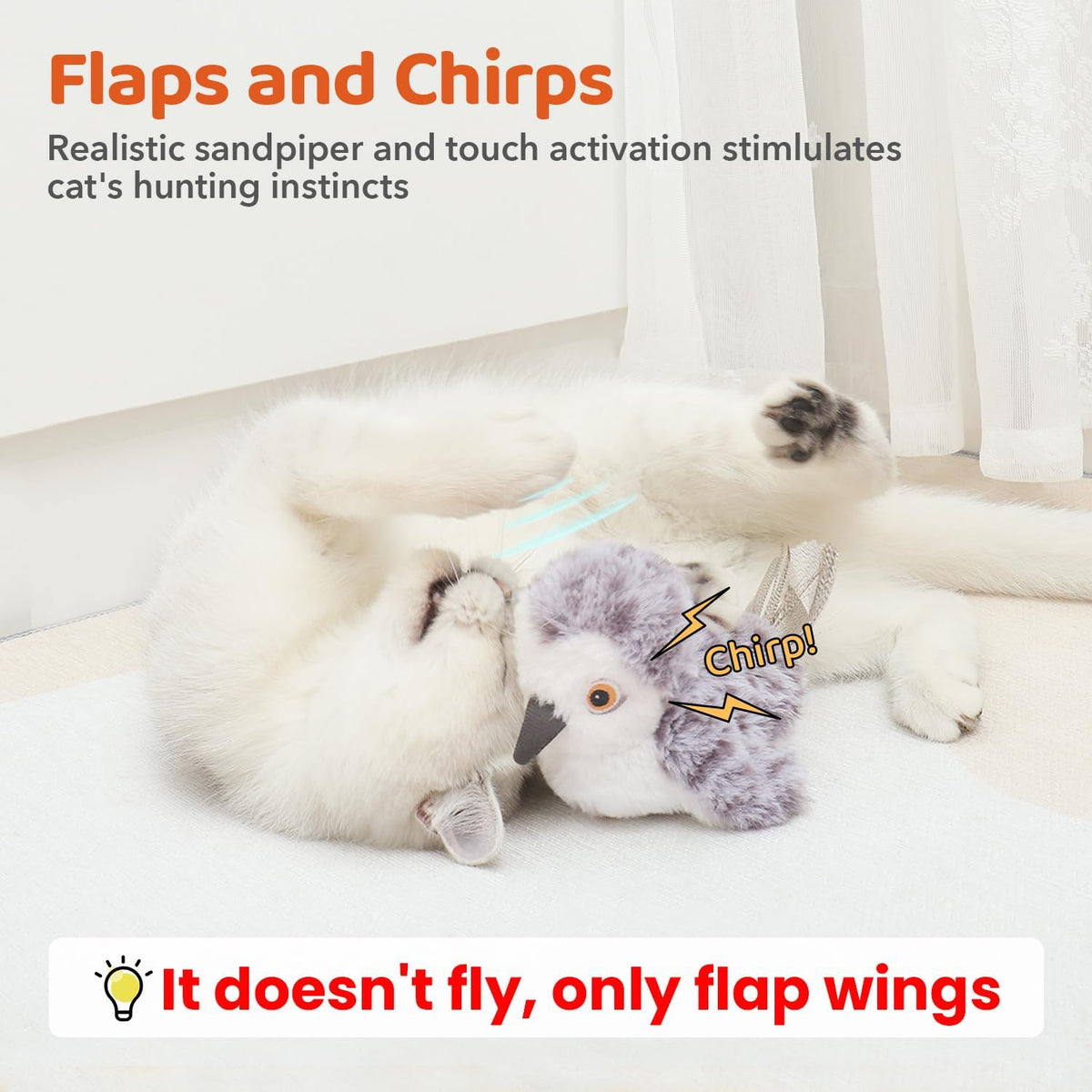 Potaroma Cat Toys Flapping Bird (No Flying), Lifelike Sandpiper Chirp Tweet, Rechargeable Touch Activated Kitt - view 2