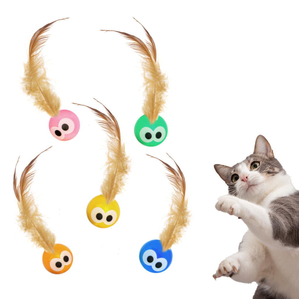 Bouncy Tails 5 Pack Interactive Bouncy Ball with Natural Feathers for Indoor Cats and Kittens who Love to Play
