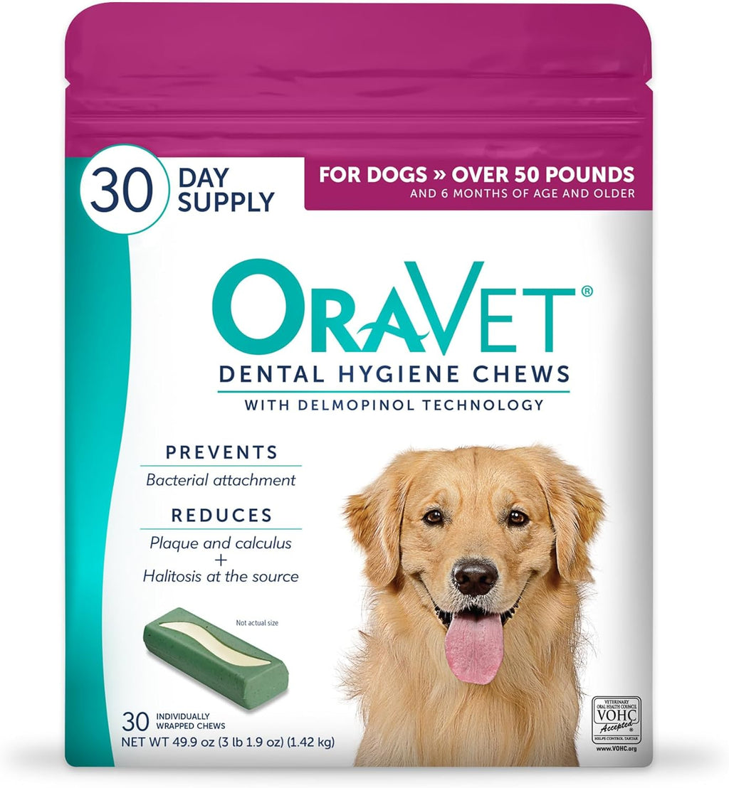 ORAVET Dental Chews for Dogs, Oral Care and Hygiene Chews (Large Dogs, Over 50 lbs.) Pink Pouch, 30 Count (Pac