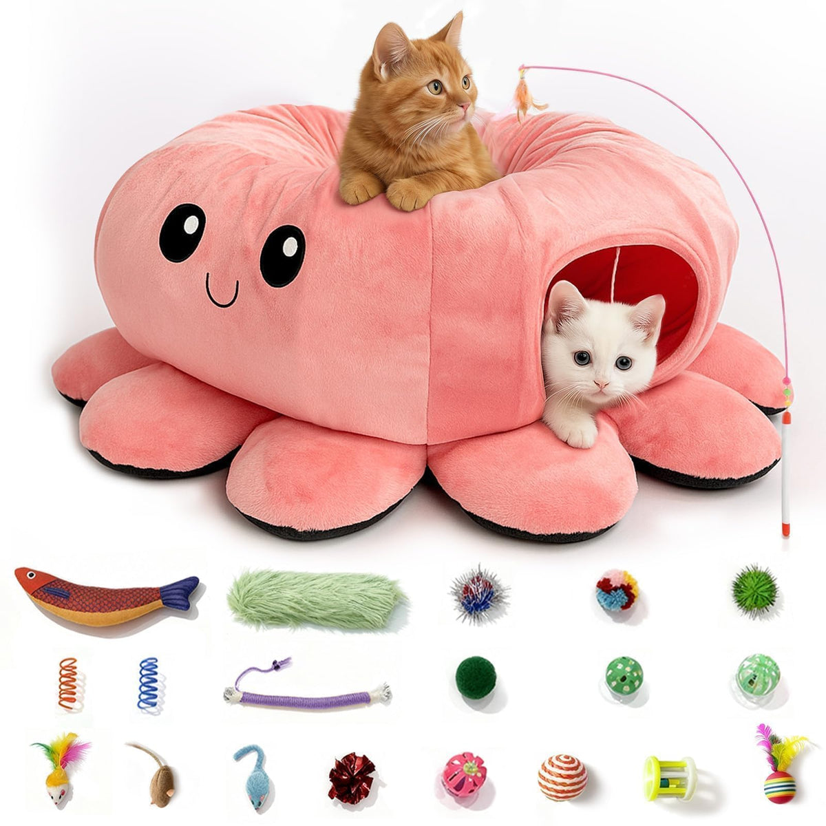 Cat Tunnel Bed with 20 Cat Toys, Collapsible Play Tunnel for Indoor Cats, Kitten Toys for Indoor Kittens, Octo
