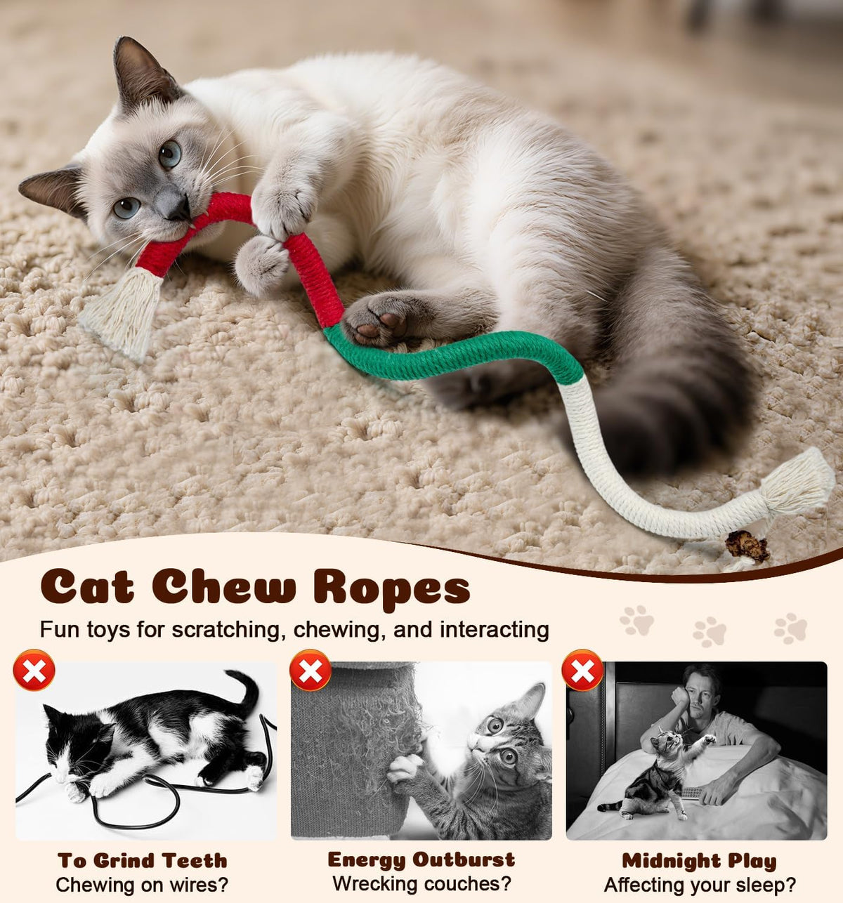 Dgerp Cat Chew Ropes 4Pcs, Cat Toys for Indoor Cats with Refillable Natural Catnip, Safe Teeth Cleaning Chew T - view 2