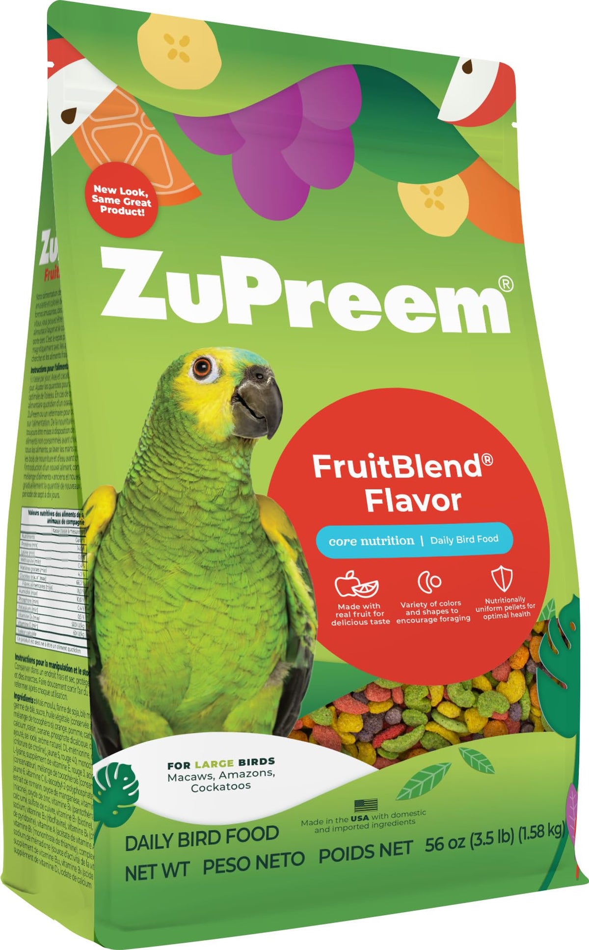 ZuPreem FruitBlend Bird Pellets, Daily Bird Food for , Cockatoo, Macaw, Core Nutrition for Large Birds, Made i