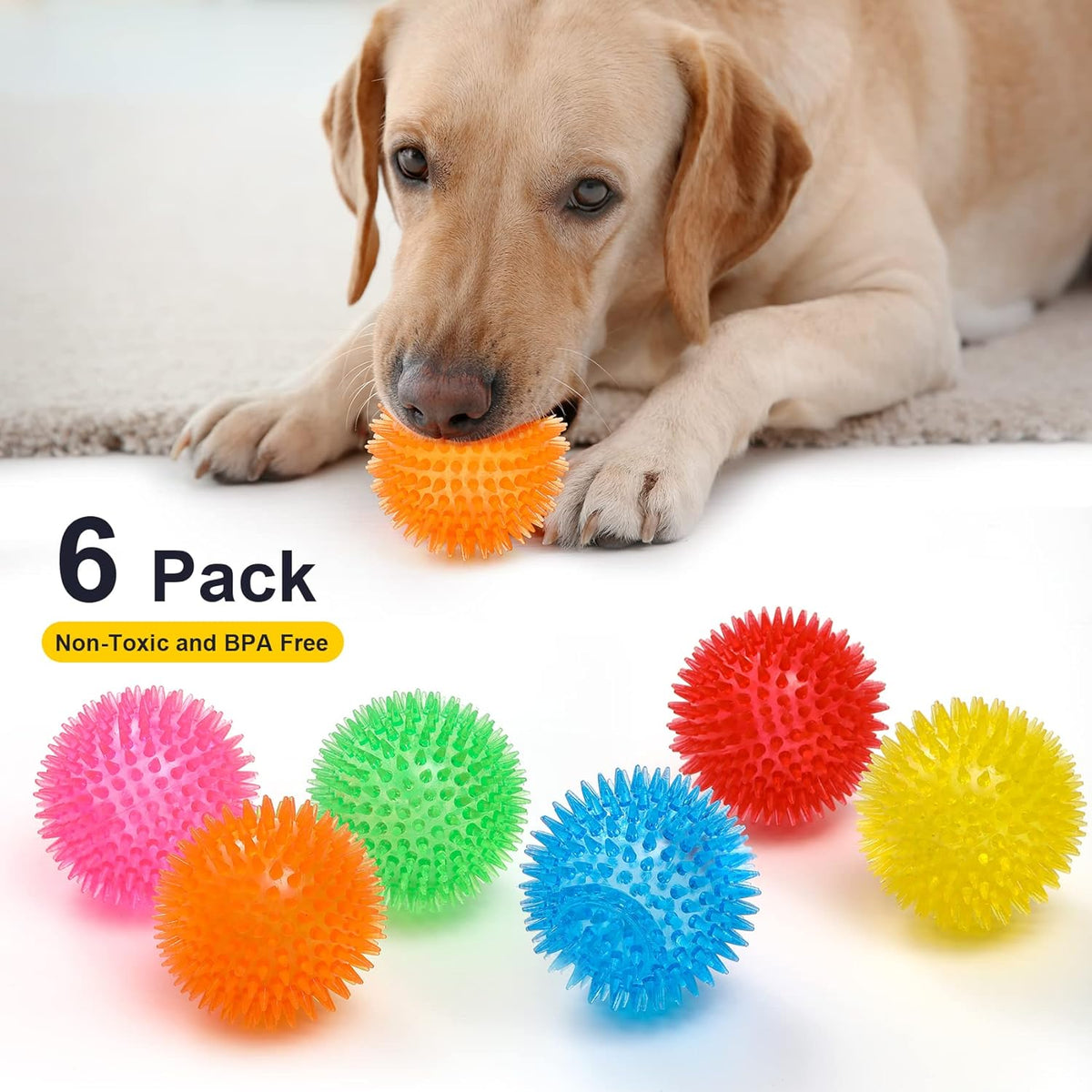 VITEVER 3.5” Squeaky Dog Toy Balls (6 Colors) Puppy Chew Toys for Teething, BPA Free Non-Toxic, Spikey Dog Bal - view 4