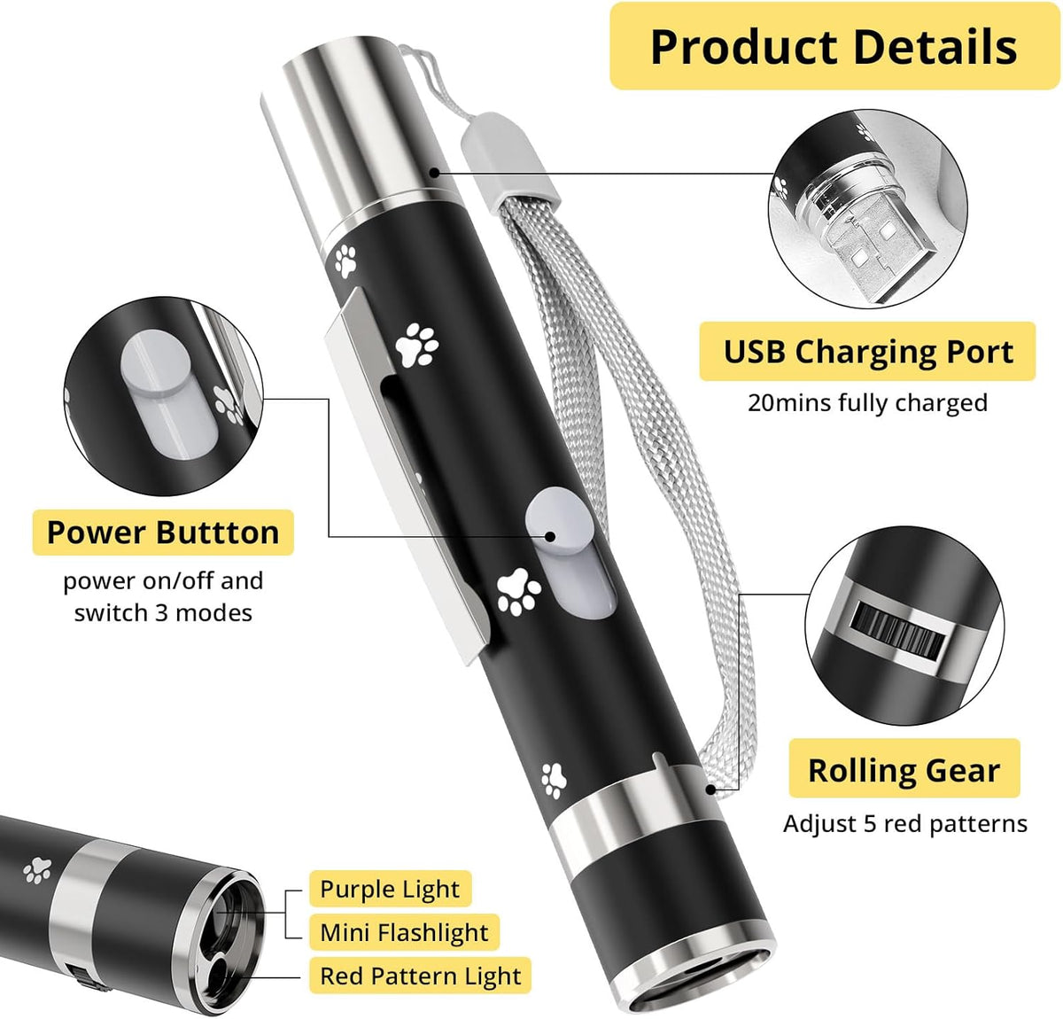UMSIS Bird Toy, Distinctive Black Painted Metal Casing with Paw Print Design, USB Rechargeable, 7 Adjustable P - view 2