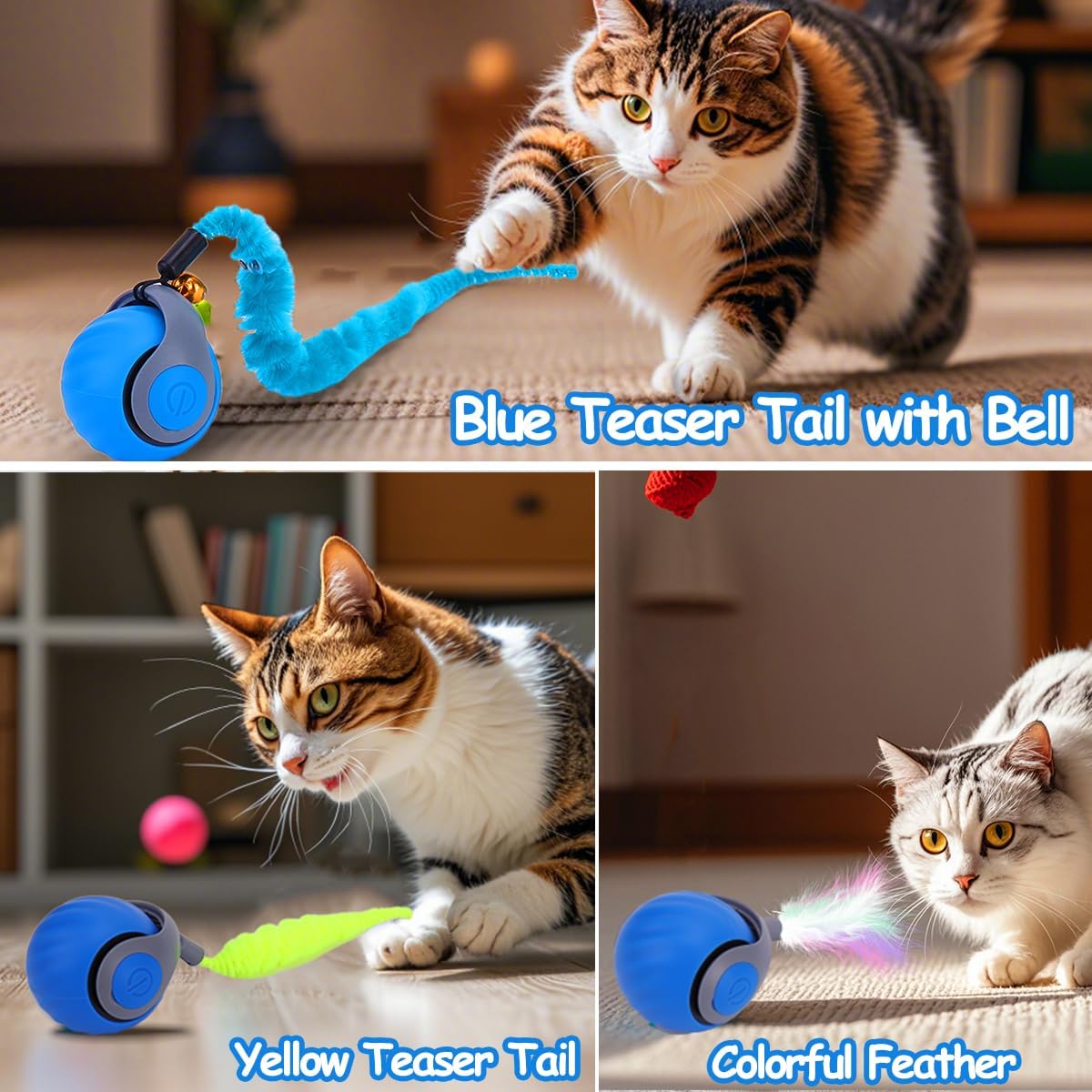 Interactive Cat Toy Ball - Speedy Cat Toys for Indoor Cats with Feather Tails for Chasing, Moving Stimulation  - view 3