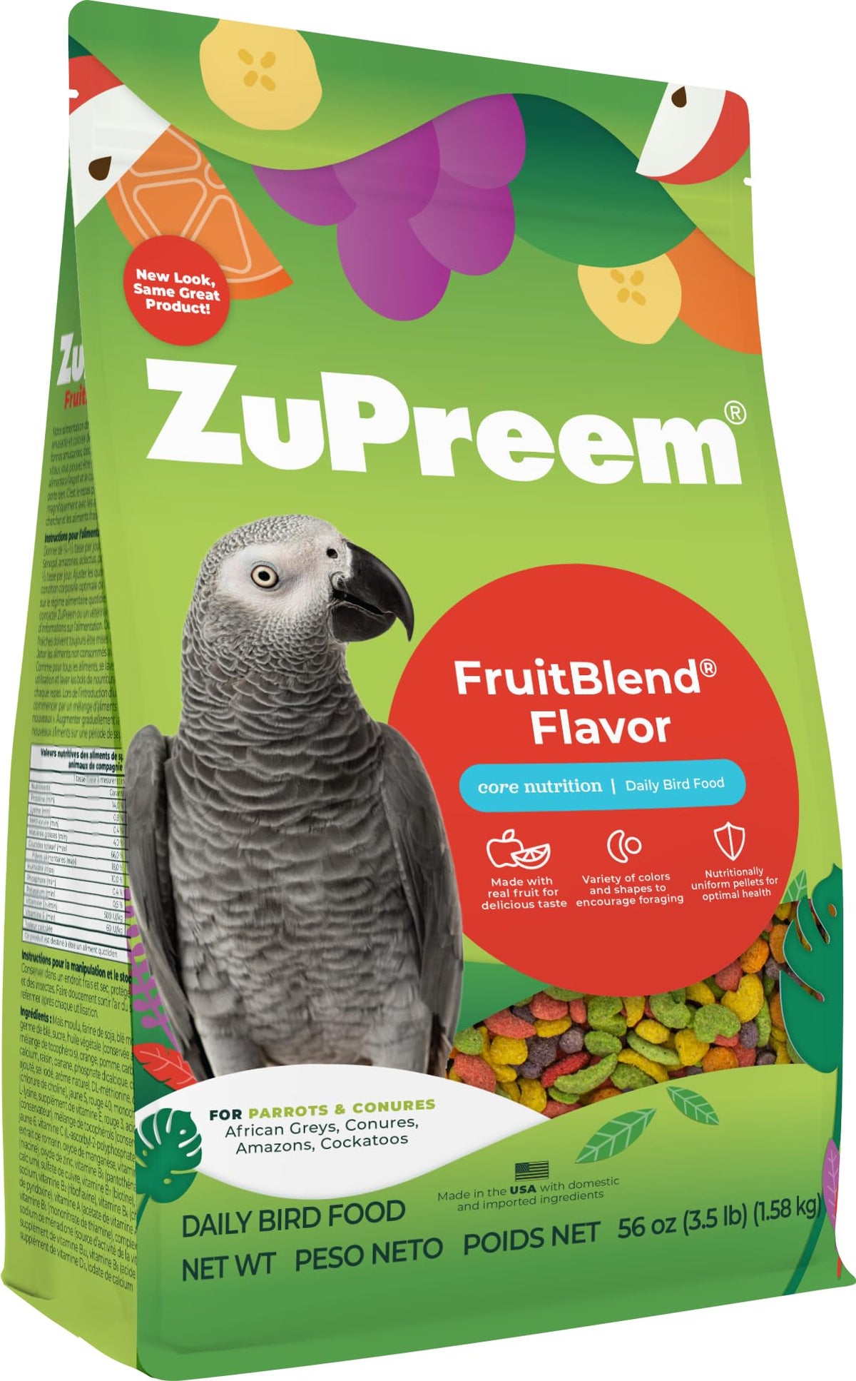 ZuPreem FruitBlend Bird Pellets, Daily Bird Food for Parrot, Conure, Caique, African Grey, Eclectus, Small Coc