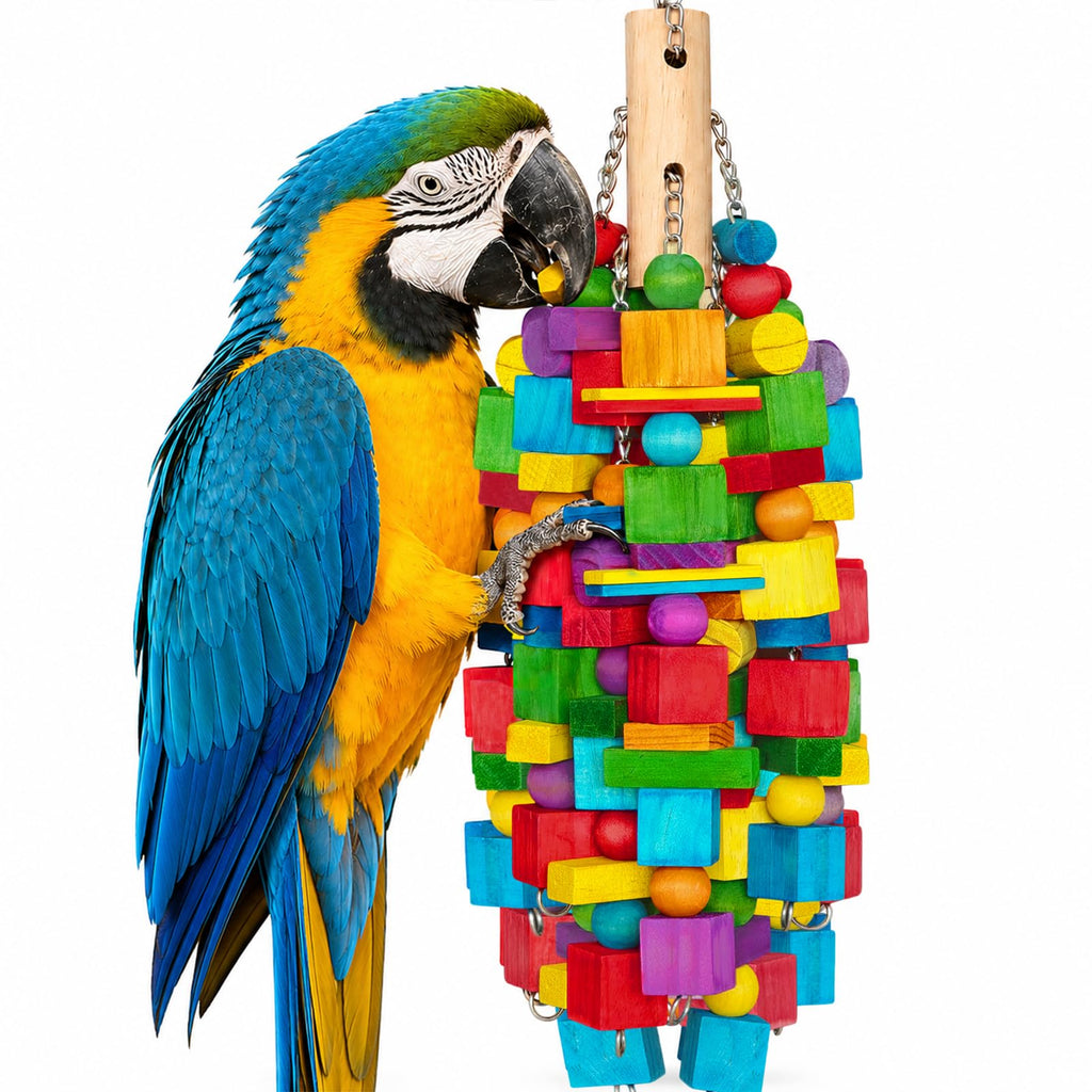Large Bird Toy, 20 in XL Parrot Toys Natural Wood Blocks Bird Chew Toy for Foraging, Stainless Steel Chain Han