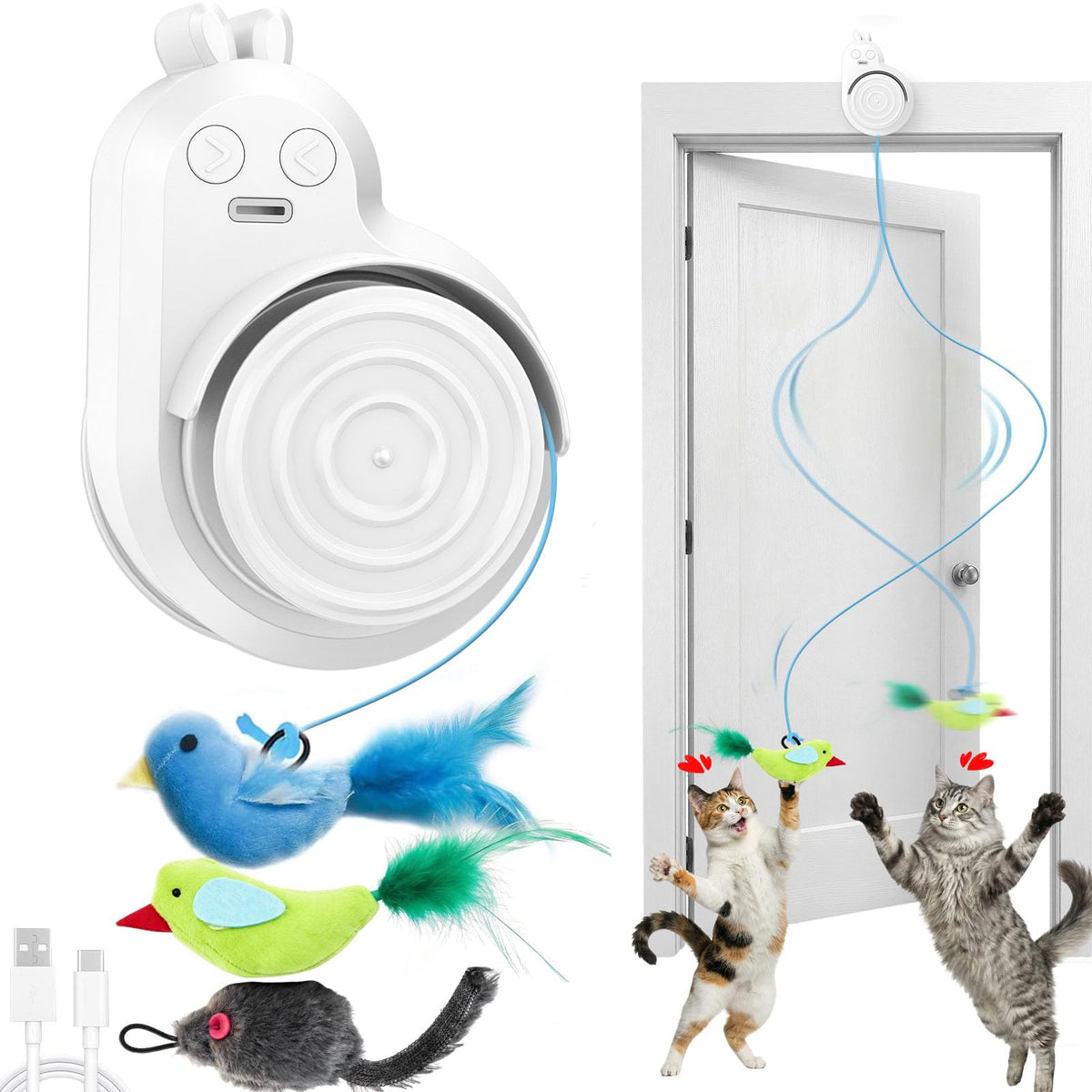 Interactive Cat Toys for Indoor Cats: Automatic Electric Flying Bird Feather & Mouse Wand, Rechargeable Electr