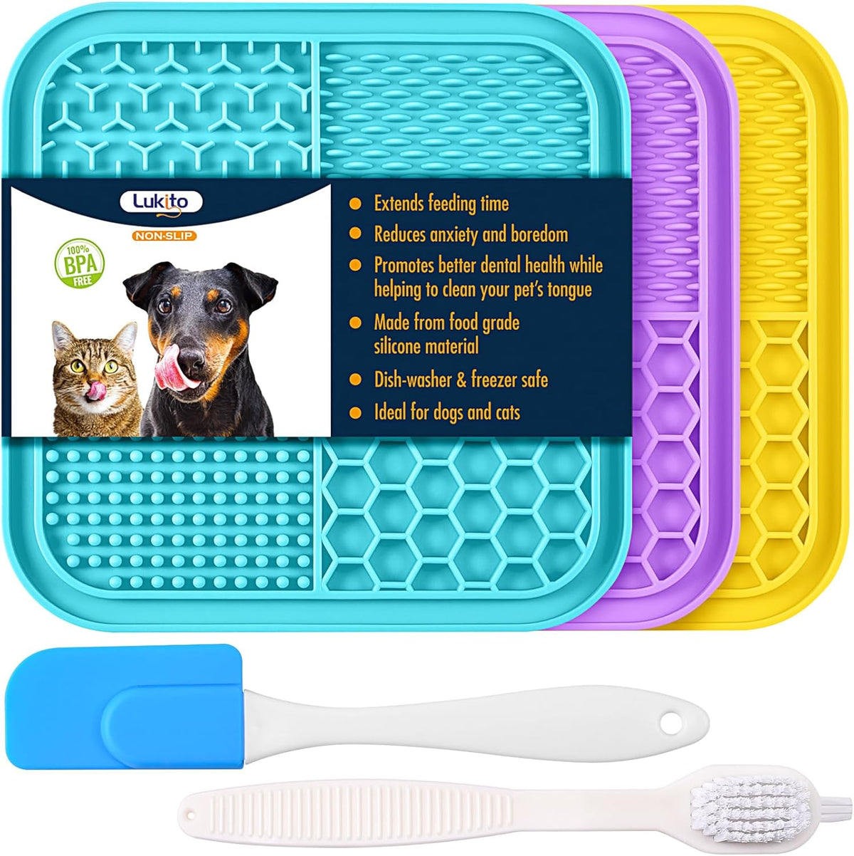 LUKITO 3PCS Lick Mat for Dogs and Cats, Licking Mat with Suction Cups for Anxiety Relief, Cat Peanut Butter Li