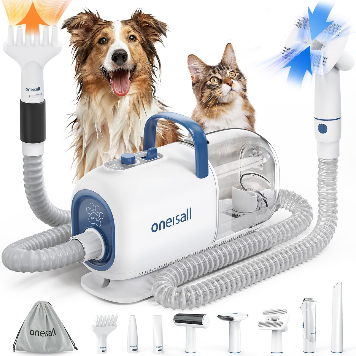 oneisall Dog Vacuum & Dryer for Shedding Grooming, 8 in 1 Dog Grooming Kit with Metal Blade Pet Clippers, Adju