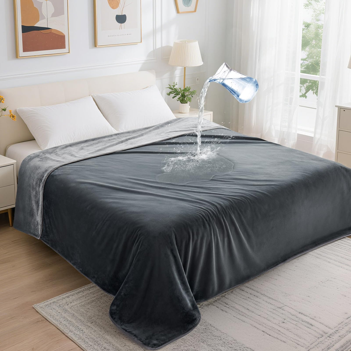 LOOBANI Waterproof Blanket for Bed: Reversible Soft Flannel Twin Bed Blanket 60" x 80", Leakproof Throw Spill-