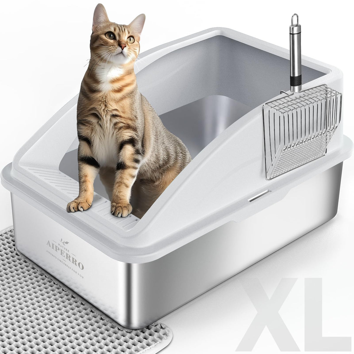 Stainless Steel Litter Box | XL Enclosed Cat Litter Boxes with Lid for Big Cats | High Sided, Anti-Urine Leaka