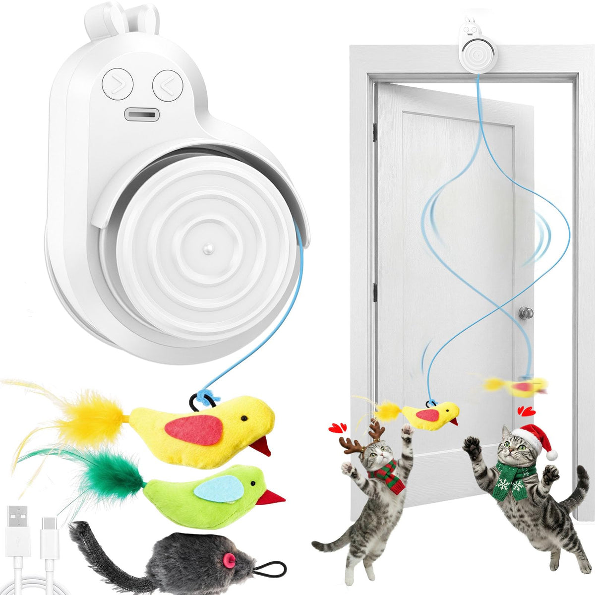 Interactive Cat Toys for Indoor Cats - Automatic Flying Bird Feather & Mouse Wand Enrichment Toy, Hands-Free o