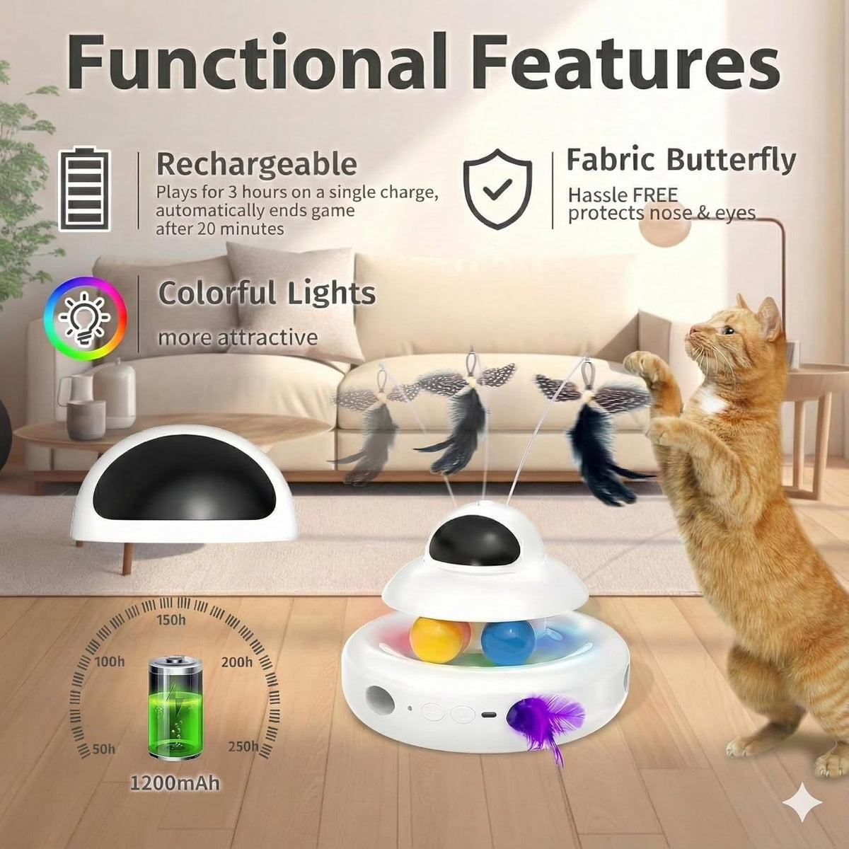 Interactive Cat Toys for Indoor Cats,4-in-1 Automatic Kitten Toy with Laser, Fluttering Butterfly, Moving Feat - view 5