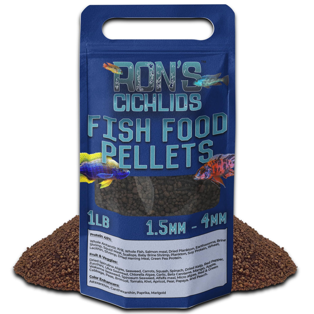 RON'S CICHLIDS Adult African Cichlid Fish Food Pellets – USA Made Slow Sinking Cichlid Pellets & Sticks Feed, 