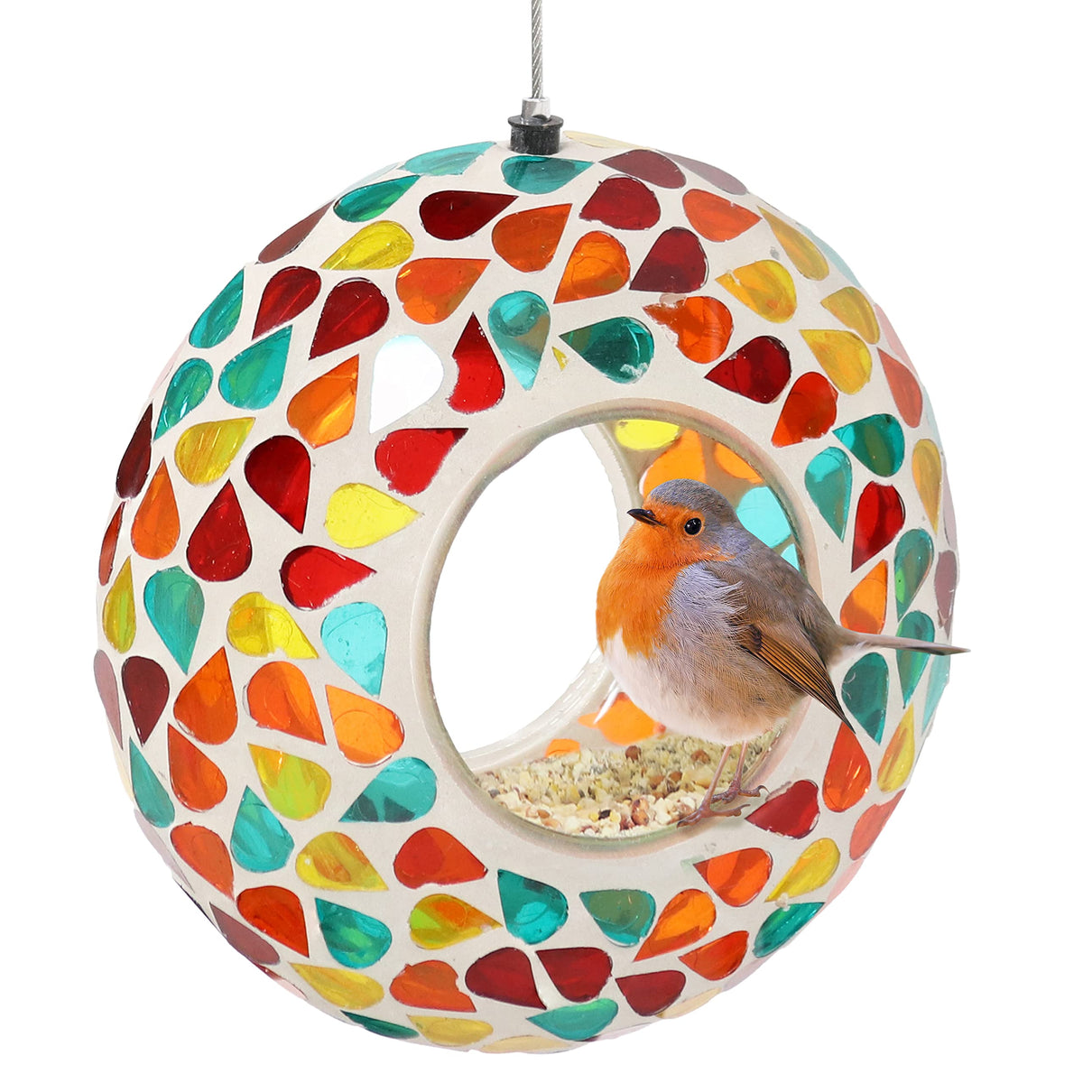 Sunnydaze 6-Inch Glass Mosaic Hanging Bird Feeder for Outdoors - Fly-Through Glass Bird Feeder for Cardinals, 