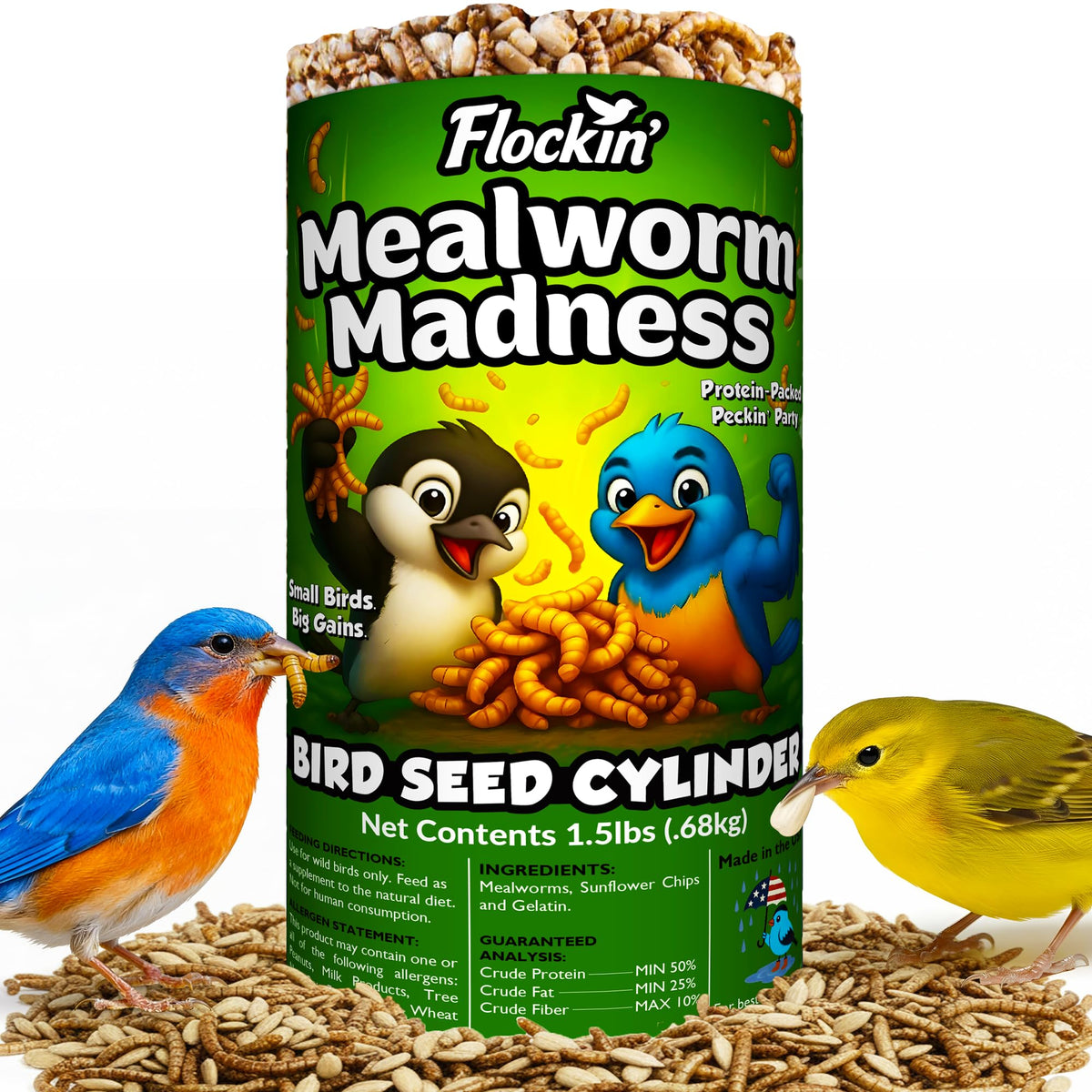 Mealworm Bird Seed Cylinders with Hole – Premium Mealworm Birdseed Log – Sunflower Chips & Dried Mealworms for