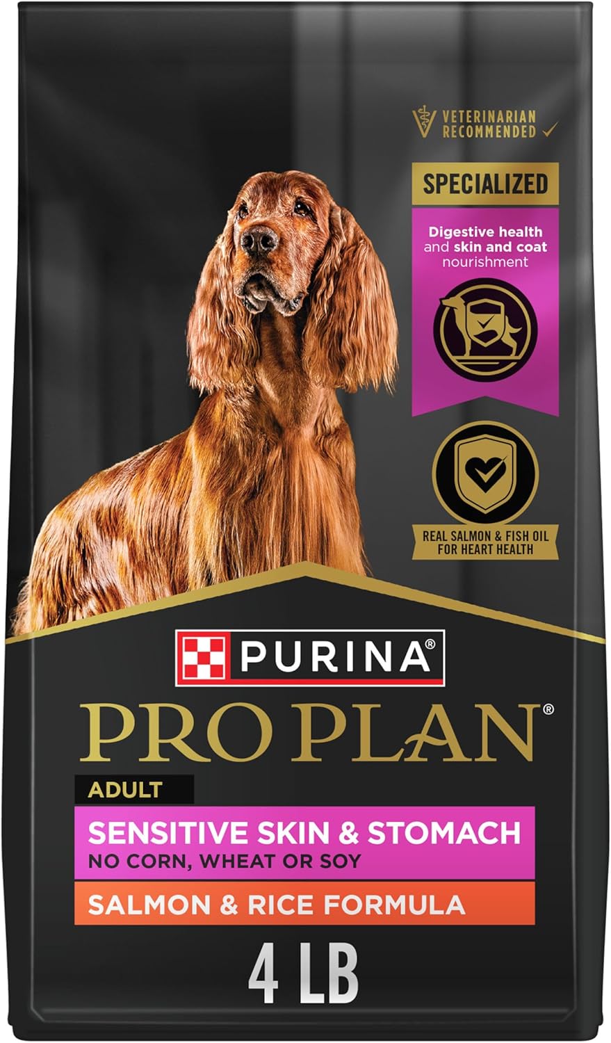 Purina Pro Plan Sensitive Skin and Stomach Dog Food Dry, Adult Salmon & Rice Formula, Digestive Health - 4 lb.
