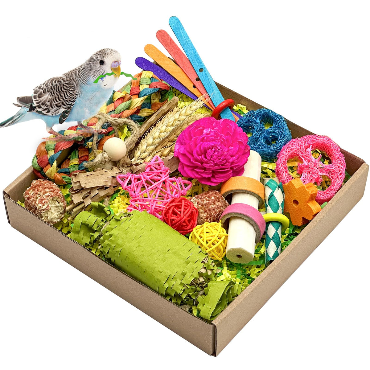Natural Bird Toy Foraging Parrot Shredding Toys Box Conure Chewing Toys for Cockatiel Lovebird Parakeet Budgie