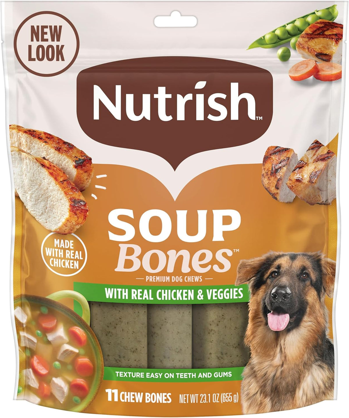 Nutrish Soup Bones Premium Dog Chews with Real Chicken and Veggies, Soft Texture Dog Treats, 11 Chews, Packagi