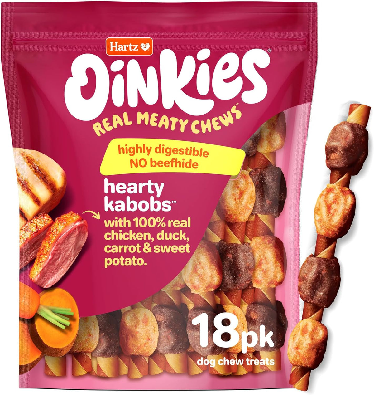 Hartz Oinkies Hearty Kabob Dog Treats with 100% Real Chicken, Duck, Sweet Potato & Carrot, Rawhide-Free, Natur