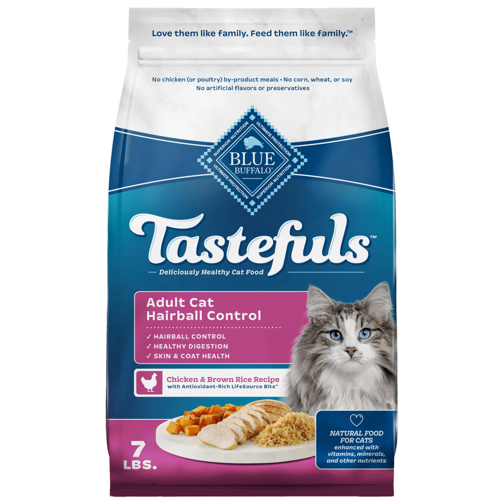 Blue Buffalo Tastefuls Natural Dry Food for Adult Cats, Hairball Control, Chicken & Brown Rice Recipe, 7-lb. B