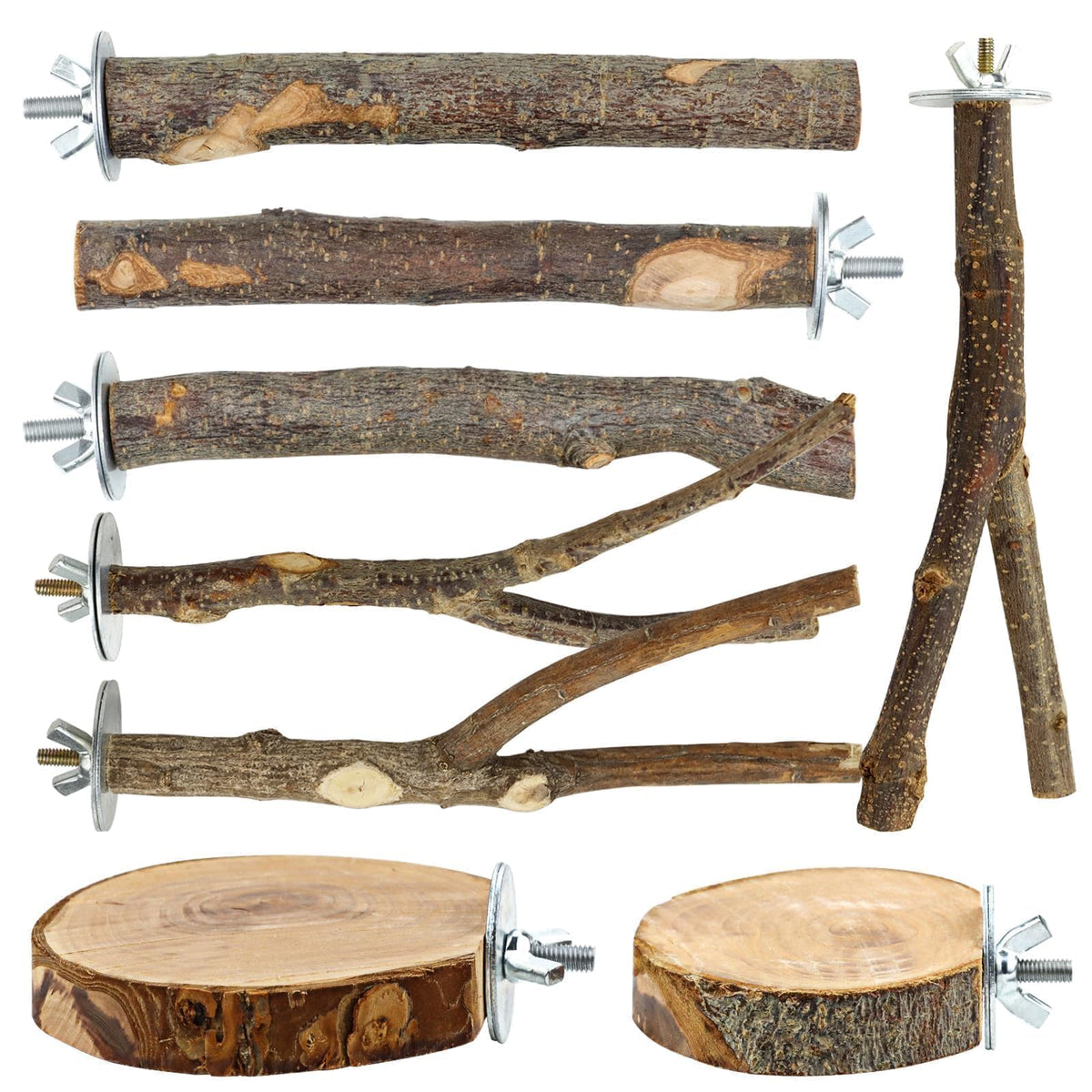 8 PCS Bird Perch Set for Cage - Natural Apple Wood Platforms & Hardwood Branches for Parakeets, Budgies, Cocka