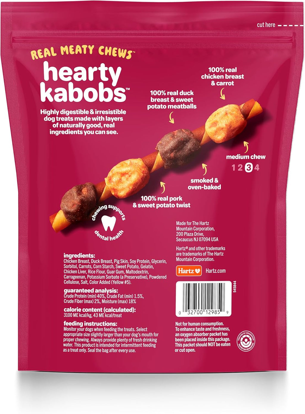 Hartz Oinkies Hearty Kabob Dog Treats with 100% Real Chicken, Duck, Sweet Potato & Carrot, Rawhide-Free, Natur - view 3