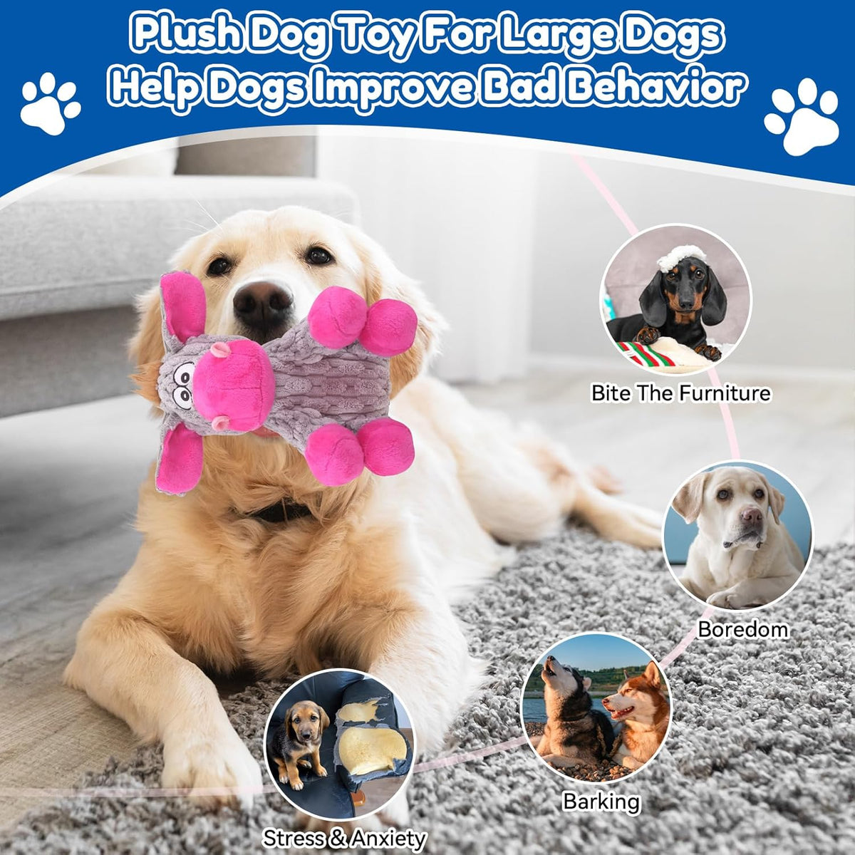 Plush Chew Toys for Large Dogs, Tough Crinkle Stuffed Animal Squeaky Interactive Toys for Small Medium Large D - view 3
