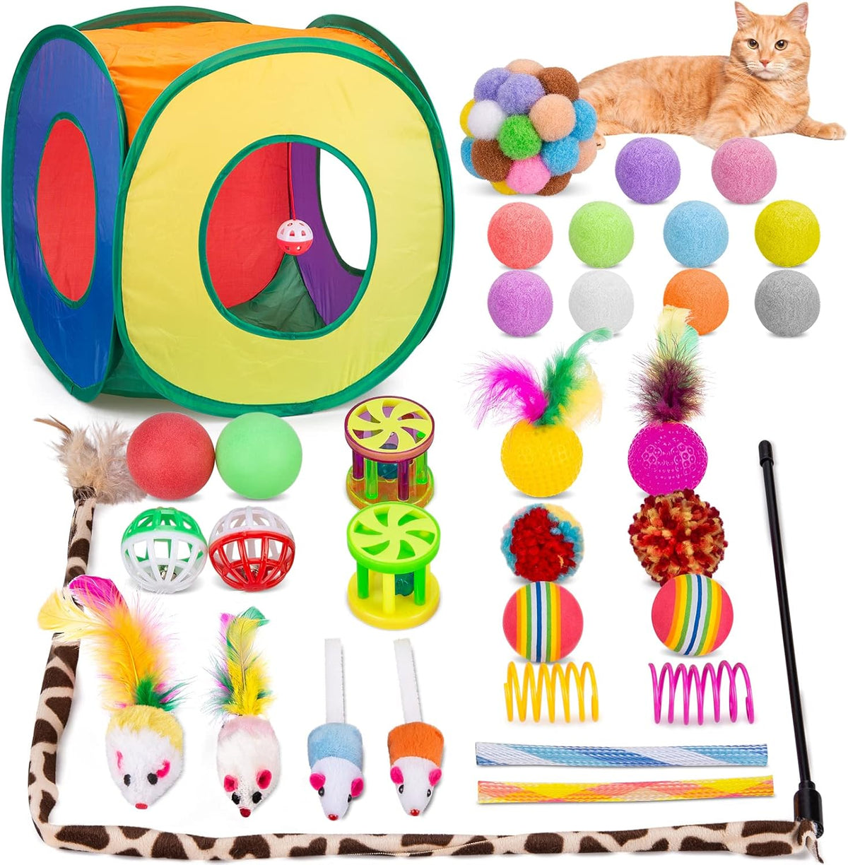 Retro Shaw Cat Toys Pack 33Pcs, Interactive Kitten Toys for Indoor Cats Kitty with Collapsible Play Tunnel Tub