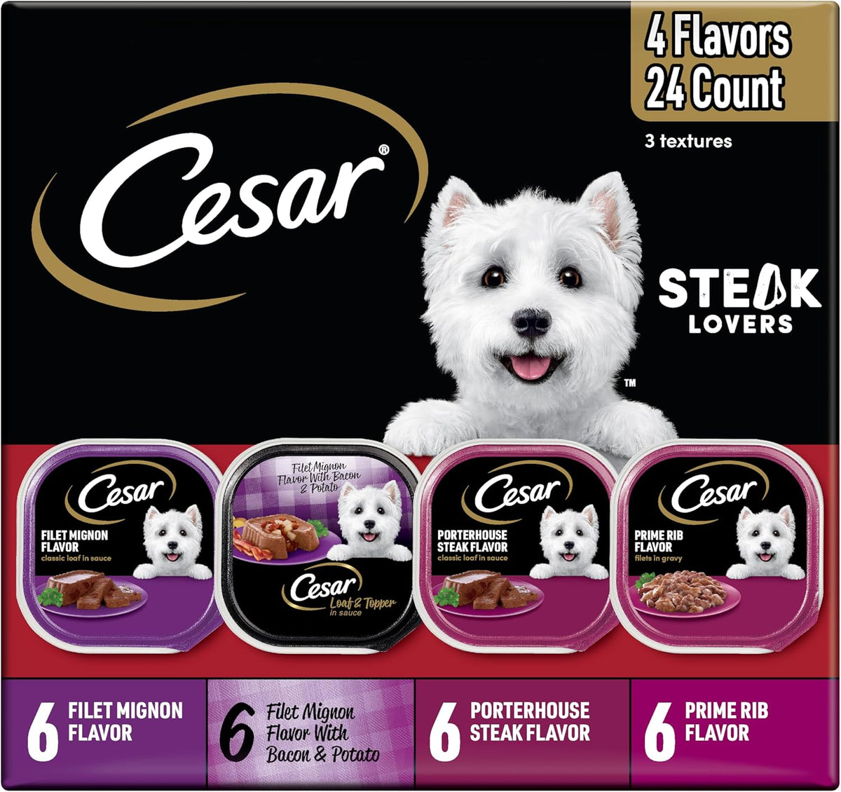 Cesar Wet Dog Food Steak Lovers Variety Pack, Adult, Wet Food for Dogs with Real Meat, 3.5 oz Easy Peel Trays,