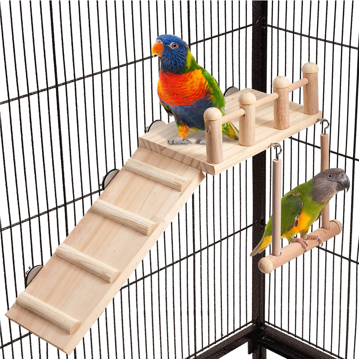 Bird Perches Platform Swing with Climbing Ladder, Parakeet Cage Accessories Wooden Playing Gyms Exercise Sturd