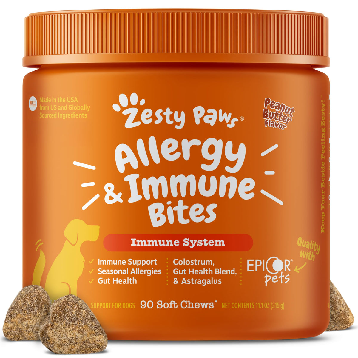 Zesty Paws Allergy Immune Bites - Dog Allergy Chews, Dog Probiotics for Itchy Skin and Ears, Peanut Butter, 90